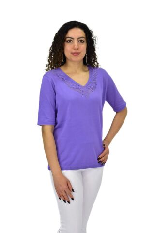 Kadın Yarım Kol V Yaka Yaka Sırt Detaylı Triko Tişöt 12837 BGL-ST04658 LİLA - L/XL