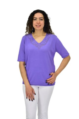 Kadın Yarım Kol V Yaka Yaka Sırt Detaylı Triko Tişöt 12837 BGL-ST04658 LİLA - L/XL