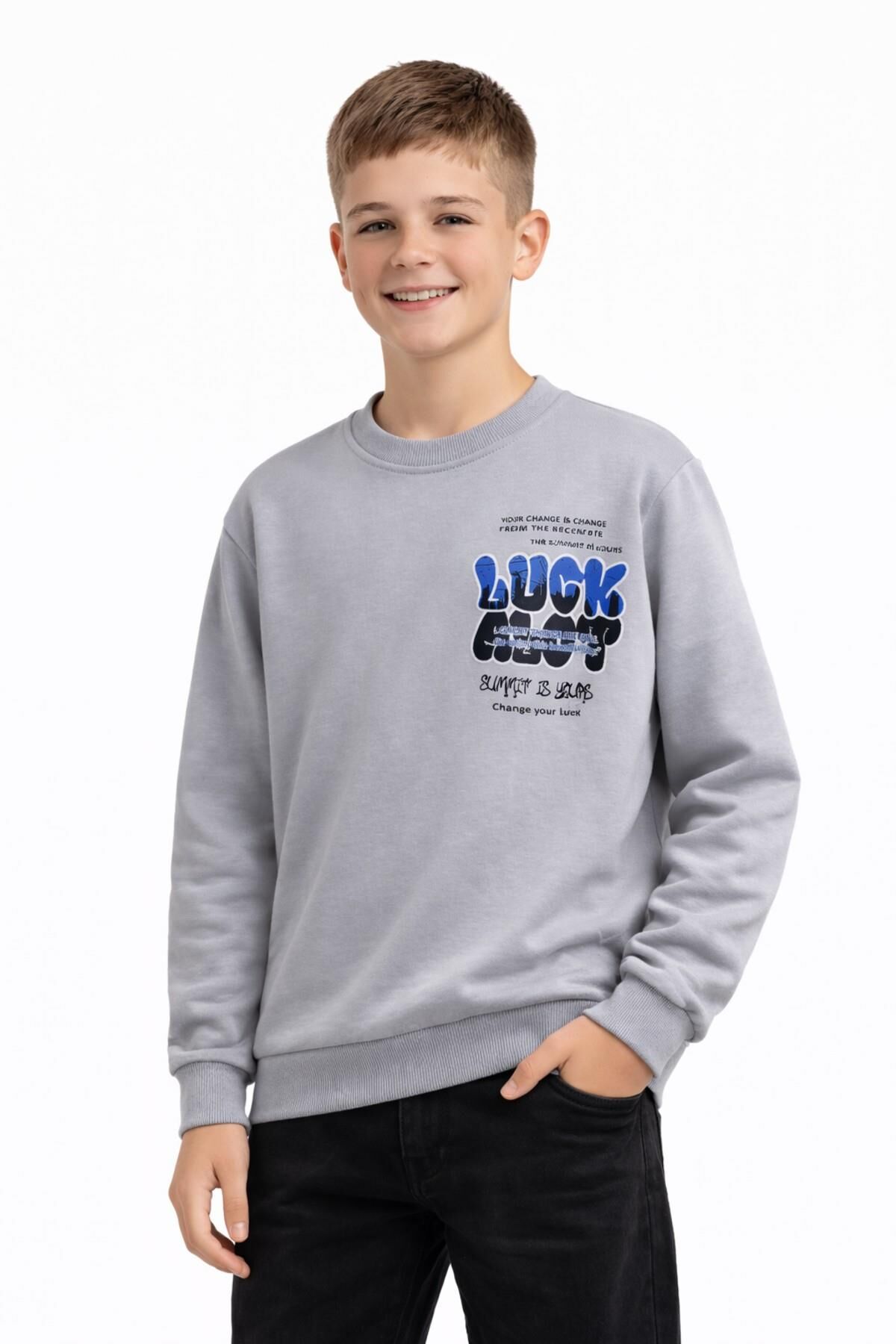 Erkek Çocuk Önü Arkası Baskılı Sweatshirt BGL-ST05237 GRİ - 16 YAŞ