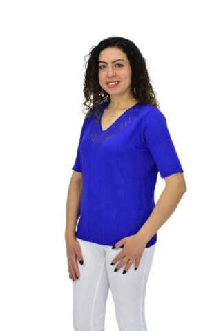 Kadın Yarım Kol V Yaka Yaka Sırt Detaylı Triko Tişöt 12837 BGL-ST04658 SAKS MAVİ - L/XL