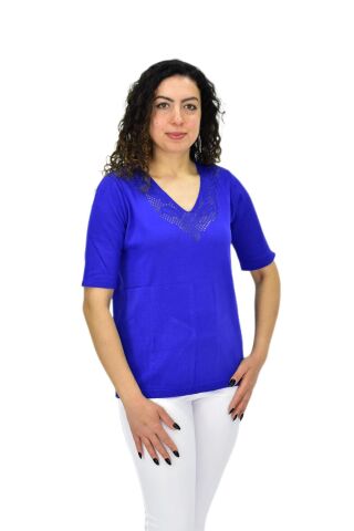 Kadın Yarım Kol V Yaka Yaka Sırt Detaylı Triko Tişöt 12837 BGL-ST04658 SAKS MAVİ - L/XL