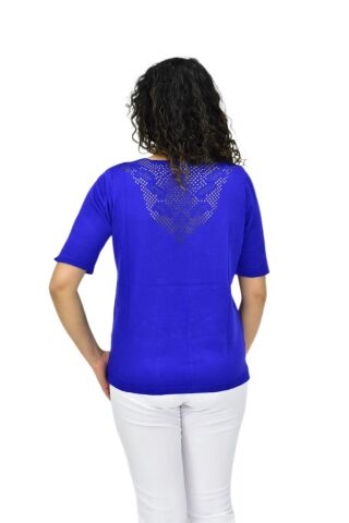 Kadın Yarım Kol V Yaka Yaka Sırt Detaylı Triko Tişöt 12837 BGL-ST04658 SAKS MAVİ - L/XL