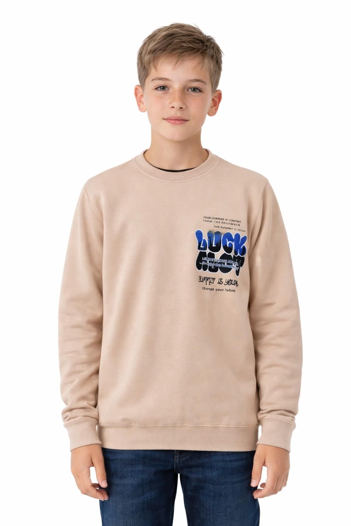 Erkek Çocuk Önü Arkası Baskılı Sweatshirt BGL-ST05237 TAŞ - 13 YAŞ