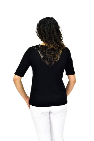 Kadın Yarım Kol V Yaka Yaka Sırt Detaylı Triko Tişöt 12837 BGL-ST04658 SİYAH - L/XL