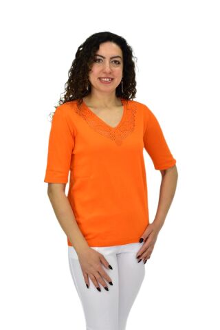 Kadın Yarım Kol V Yaka Yaka Sırt Detaylı Triko Tişöt 12837 BGL-ST04658 TURUNCU - L/XL
