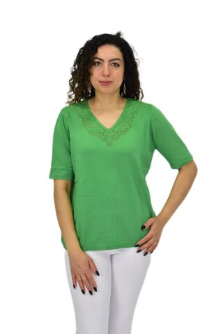 Kadın Yarım Kol V Yaka Yaka Sırt Detaylı Triko Tişöt 12837 BGL-ST04658 YEŞİL - L/XL
