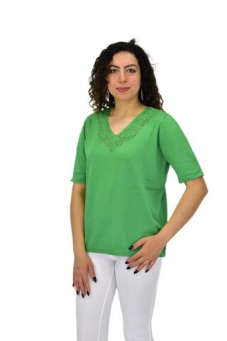 Kadın Yarım Kol V Yaka Yaka Sırt Detaylı Triko Tişöt 12837 BGL-ST04658 YEŞİL - L/XL