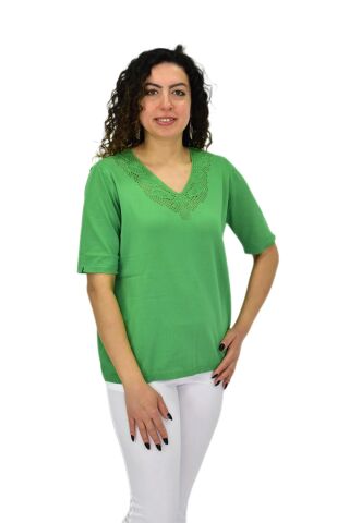 Kadın Yarım Kol V Yaka Yaka Sırt Detaylı Triko Tişöt 12837 BGL-ST04658 YEŞİL - L/XL