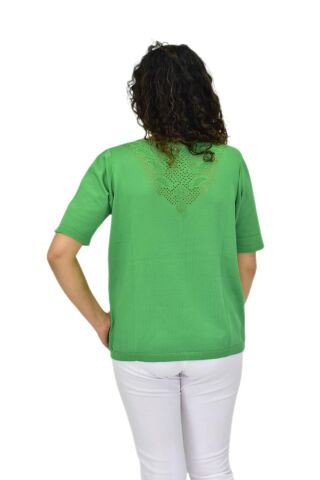 Kadın Yarım Kol V Yaka Yaka Sırt Detaylı Triko Tişöt 12837 BGL-ST04658 YEŞİL - L/XL
