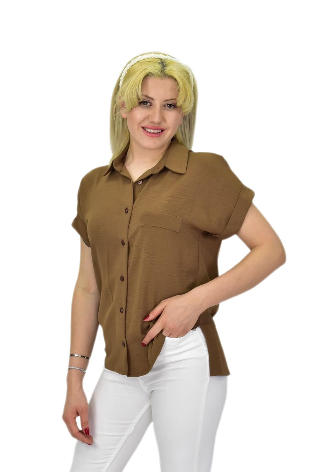 Kadın Ayrobin Kısa Kol Gömlek BGL-ST03696 A.KAHVE - 40