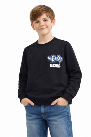 Erkek Çocuk Önü Arkası Baskılı Sweatshirt BGL-ST05236 SİYAH - 14 YAŞ