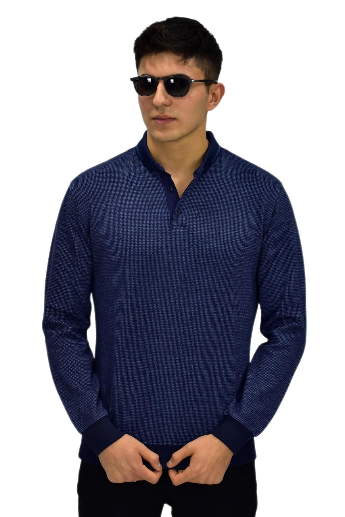 Erkek Polo Yaka Sweatshirt R2254 BGL-ST03197 İNDİGO - M
