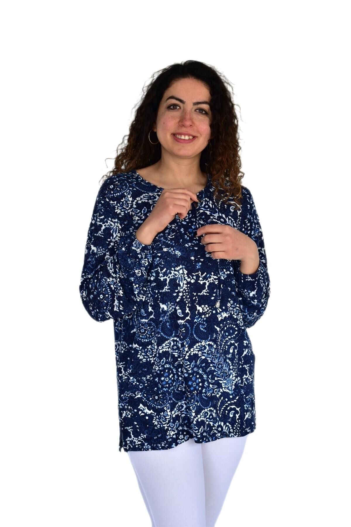 Kadın Yaprak Desen Baskılı Viscon Bluz BGL-ST04283 LACİVERT - M