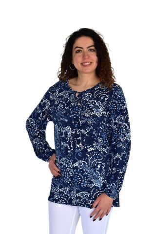 Kadın Yaprak Desen Baskılı Viscon Bluz BGL-ST04283 LACİVERT - M