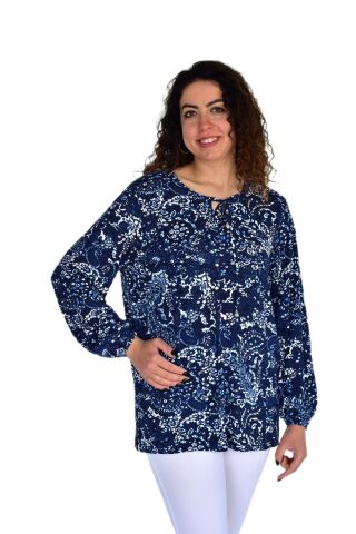 Kadın Yaprak Desen Baskılı Viscon Bluz BGL-ST04283 LACİVERT - M