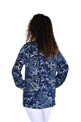 Kadın Yaprak Desen Baskılı Viscon Bluz BGL-ST04283 LACİVERT - M