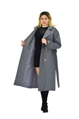 Kadın Çizgili Uzun Kaşe Kaban BGL-ST04118 GRİ - M