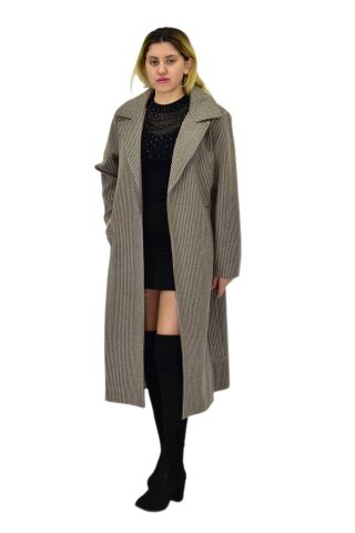 Kadın Çizgili Uzun Kaşe Kaban BGL-ST04118 BEJ - XL