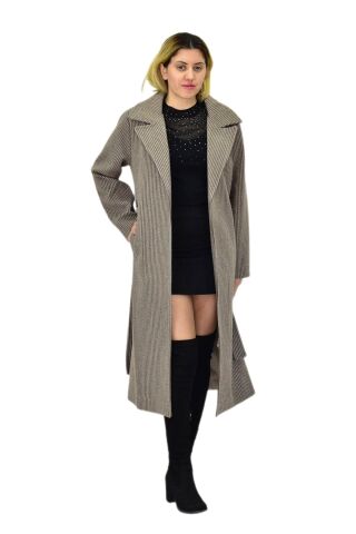 Kadın Çizgili Uzun Kaşe Kaban BGL-ST04118 BEJ - XL