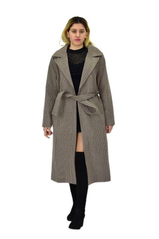 Kadın Çizgili Uzun Kaşe Kaban BGL-ST04118 BEJ - XL