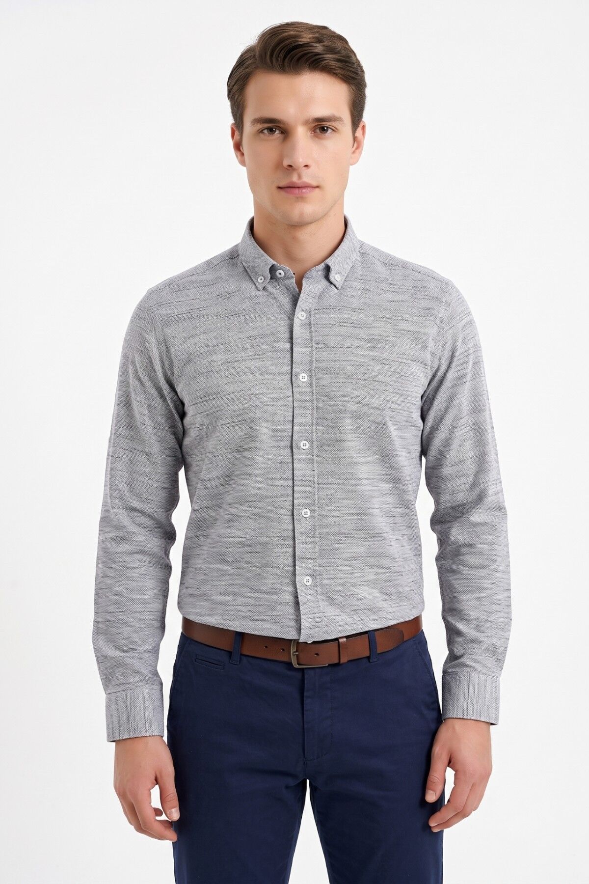 Erkek Slim Fitt Uzun Kol % 100 Pamuk Gömlek BGL-ST05627 GRİ - L