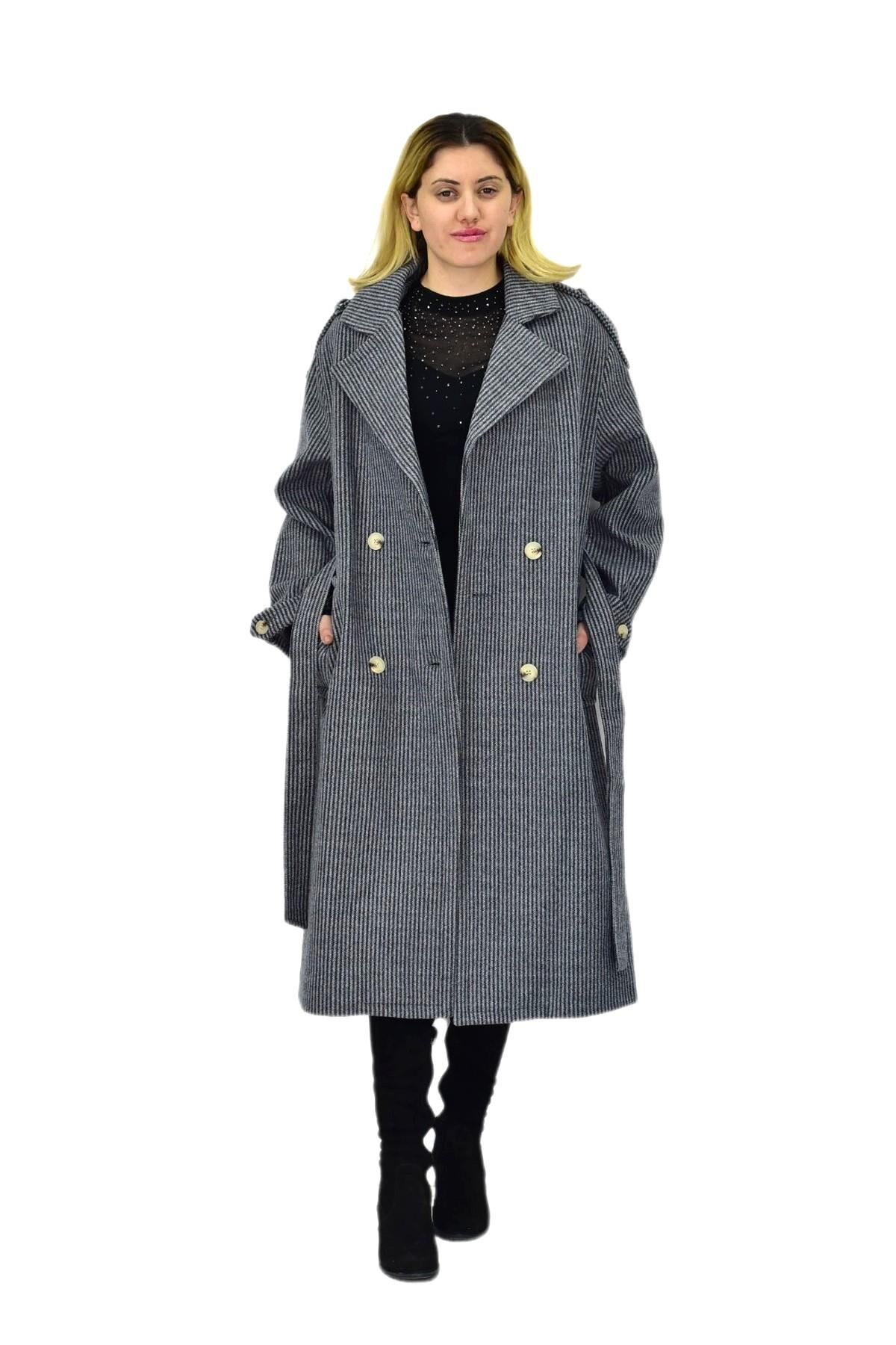 Kadın Çizgili Uzun Kaşe Kaban BGL-ST04118 GRİ - S