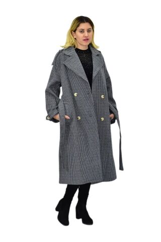 Kadın Çizgili Uzun Kaşe Kaban BGL-ST04118 GRİ - S
