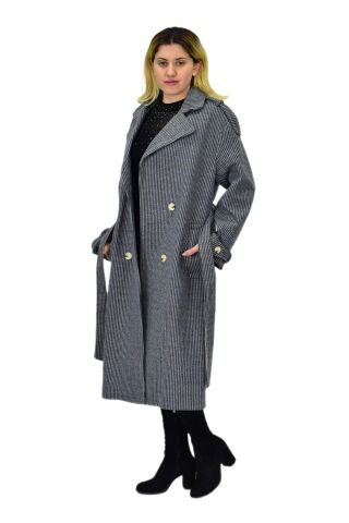 Kadın Çizgili Uzun Kaşe Kaban BGL-ST04118 GRİ - M