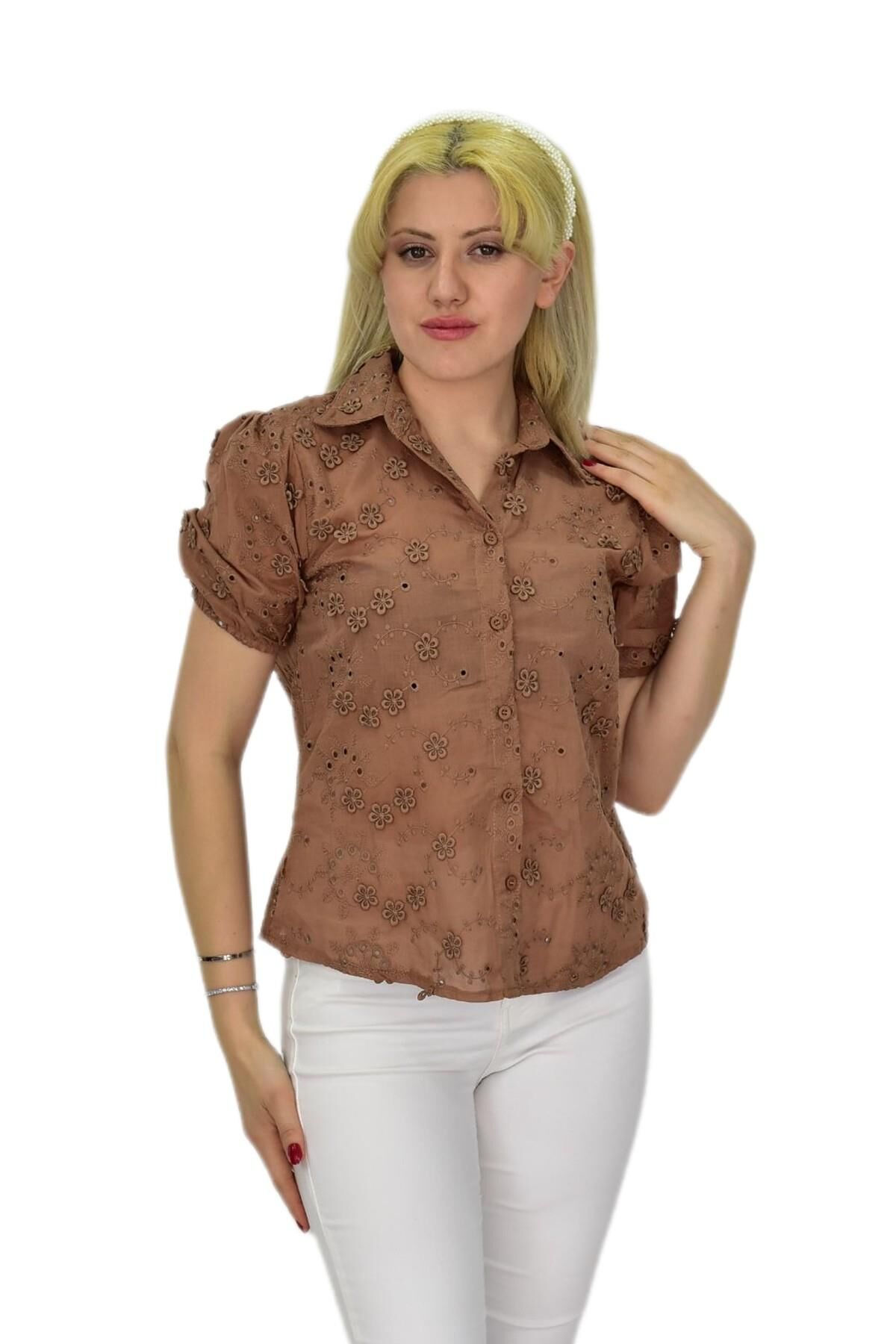 Kadın Brodeli Kısa Kol Bluz BGL-ST0371 A.KAHVE - 40