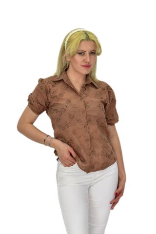 Kadın Brodeli Kısa Kol Bluz BGL-ST0371 A.KAHVE - 40