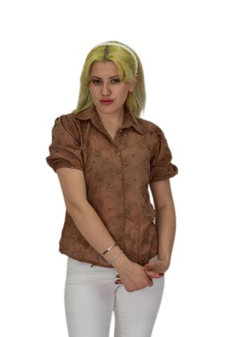 Kadın Brodeli Kısa Kol Bluz BGL-ST0371 A.KAHVE - 40