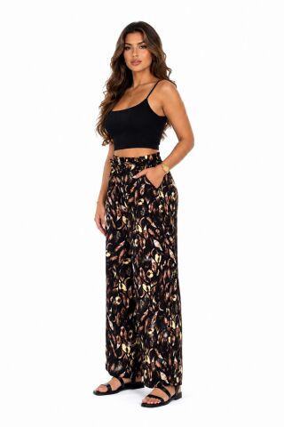 Kadın Emprime Bol Paçalı Lastikli Bağcıklı Pantolon BGL-ST04626 KAHVE - M