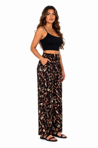 Kadın Emprime Bol Paçalı Lastikli Bağcıklı Pantolon BGL-ST04626 KAHVE - M