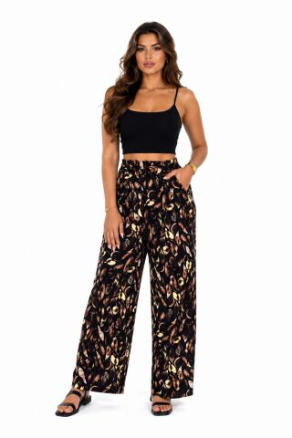 Kadın Emprime Bol Paçalı Lastikli Bağcıklı Pantolon BGL-ST04626 KAHVE - M