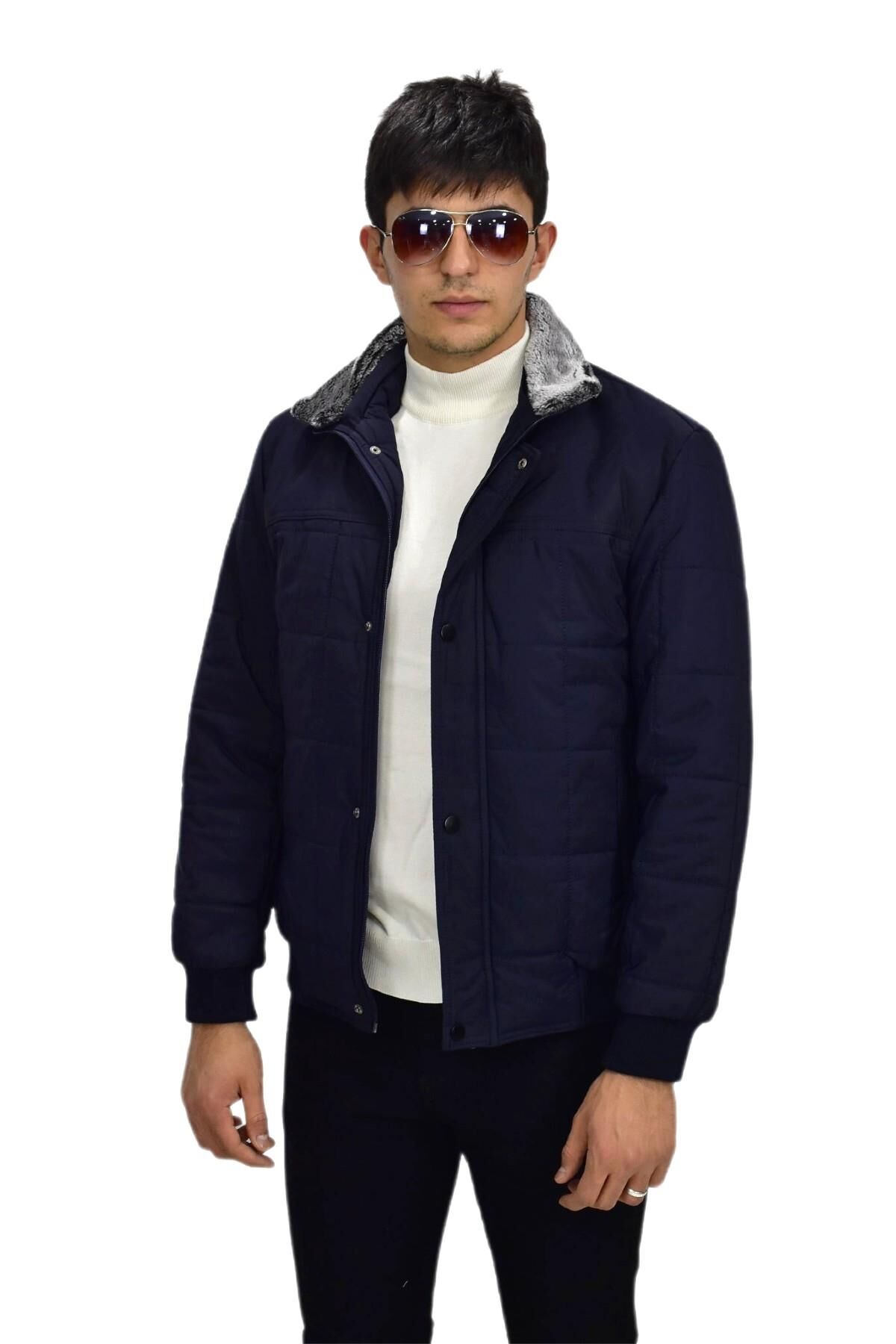 Erkek Büyük Beden Spor Peluş Yaka Mont  M3096 BGL-ST03243 LACİVERT - 6XL