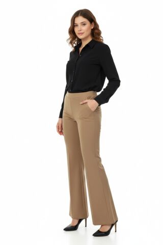 Kadın İspanyol Paça Beli Lastikli Kumaş Pantolon BGL-ST04321 CAMEL - 44