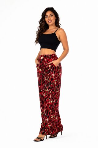 Kadın Emprime Bol Paçalı Lastikli Bağcıklı Pantolon BGL-ST04626 KIRMIZI - S