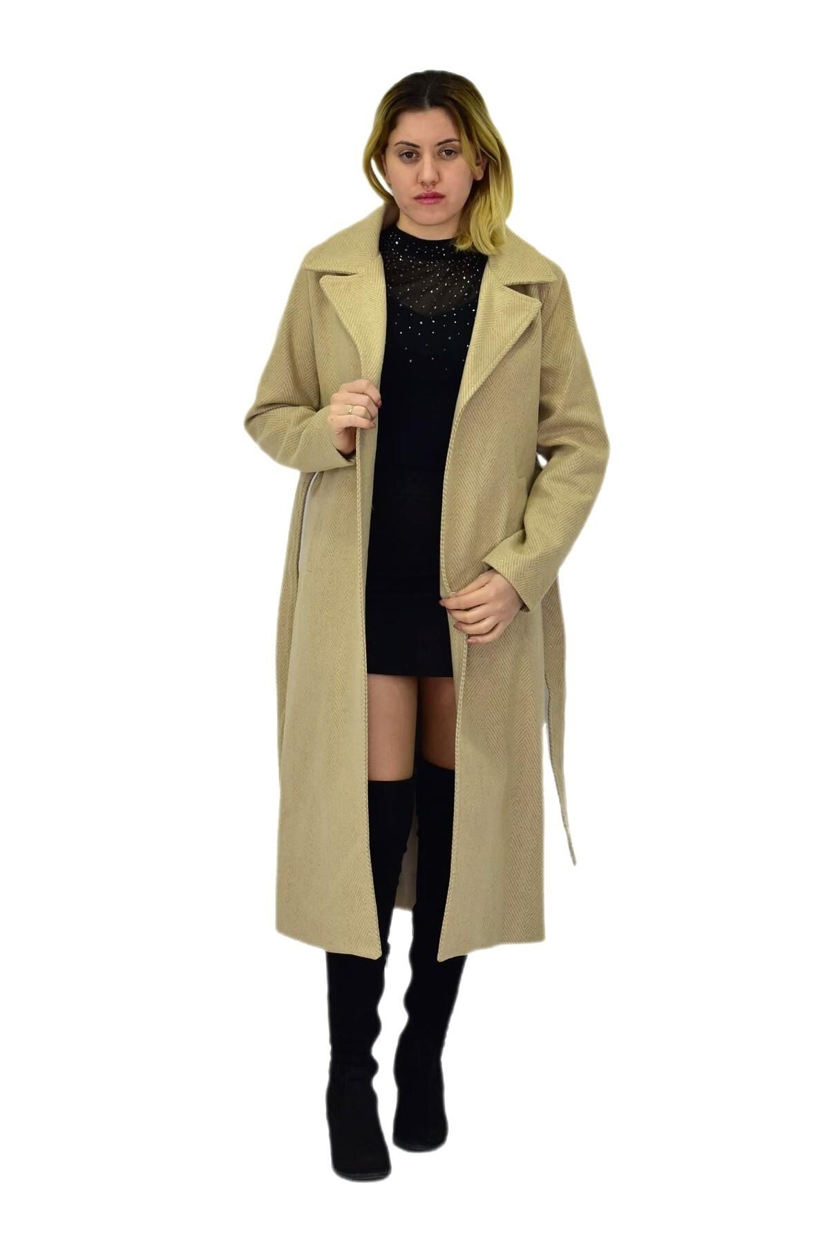 Kadın Balık Sırtı Uzun Kaşe Kaban BGL-ST04116 BEJ - XL