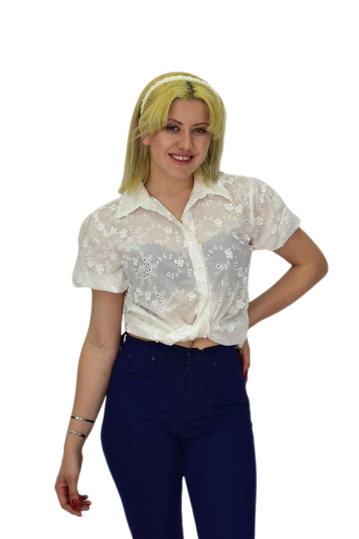 Kadın Brodeli Kısa Kol Bluz BGL-ST0371 BEYAZ - 42