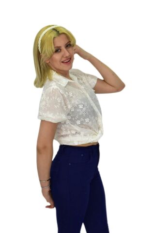 Kadın Brodeli Kısa Kol Bluz BGL-ST0371 BEYAZ - 42