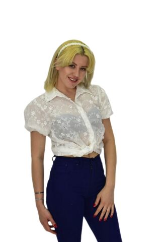 Kadın Brodeli Kısa Kol Bluz BGL-ST0371 BEYAZ - 42