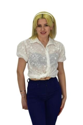 Kadın Brodeli Kısa Kol Bluz BGL-ST0371 BEYAZ - 42