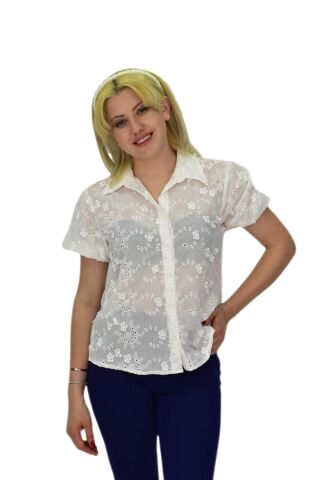 Kadın Brodeli Kısa Kol Bluz BGL-ST0371 BEYAZ - 42