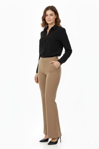 Kadın İspanyol Paça Beli Lastikli Kumaş Pantolon BGL-ST04321 CAMEL - 52