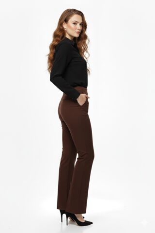 Kadın İspanyol Paça Beli Lastikli Kumaş Pantolon BGL-ST04321 KAHVE - 40