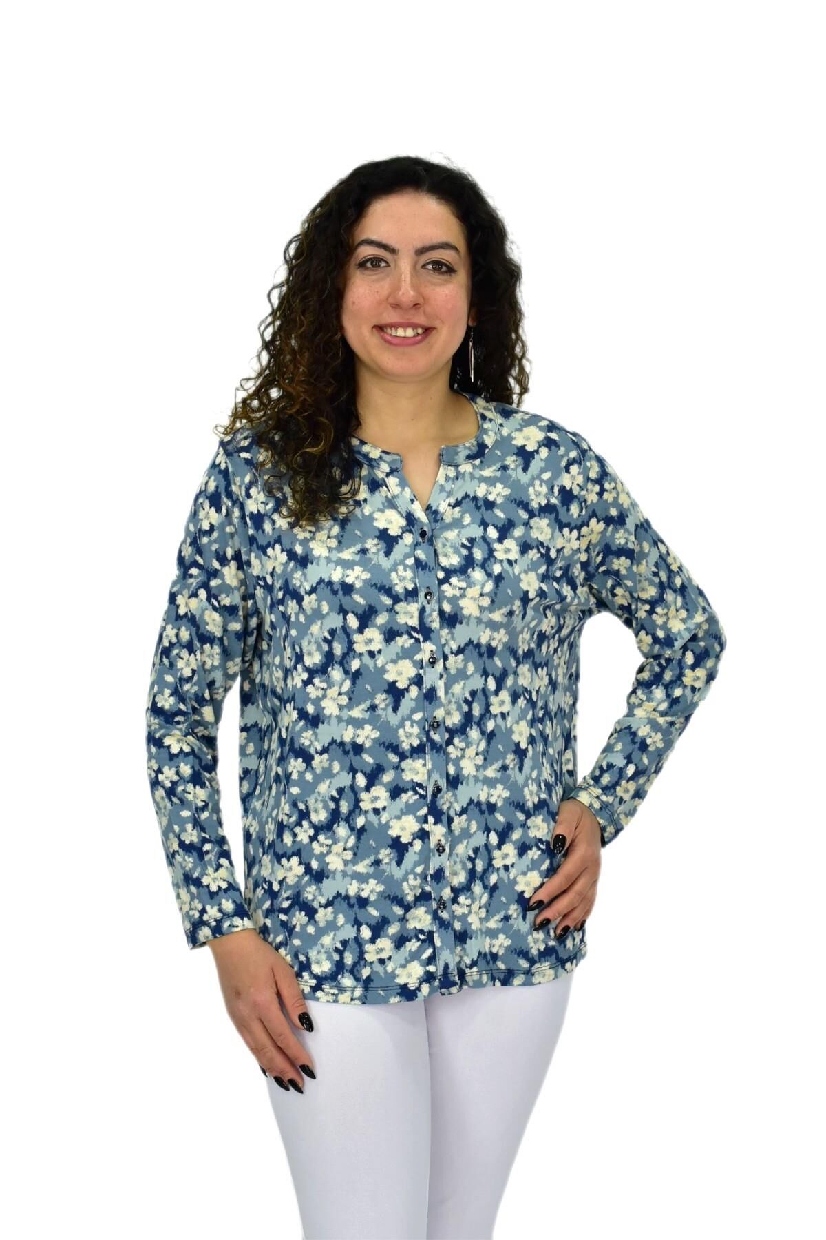 Kadın Uzun Kol Düğmeli Bluz BGL-ST04686 MAVİ - 40