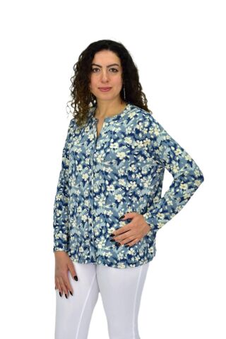 Kadın Uzun Kol Düğmeli Bluz BGL-ST04686 MAVİ - 40