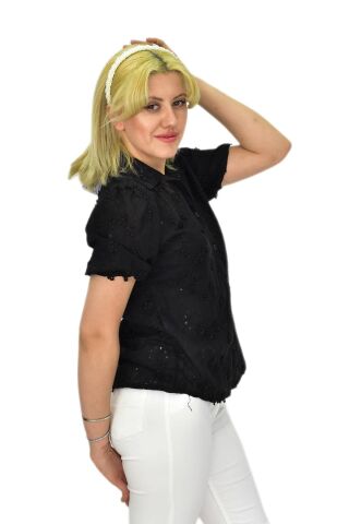 Kadın Brodeli Kısa Kol Bluz BGL-ST0371 SİYAH - 36