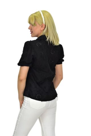 Kadın Brodeli Kısa Kol Bluz BGL-ST0371 SİYAH - 36
