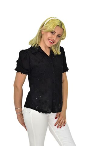 Kadın Brodeli Kısa Kol Bluz BGL-ST0371 SİYAH - 40